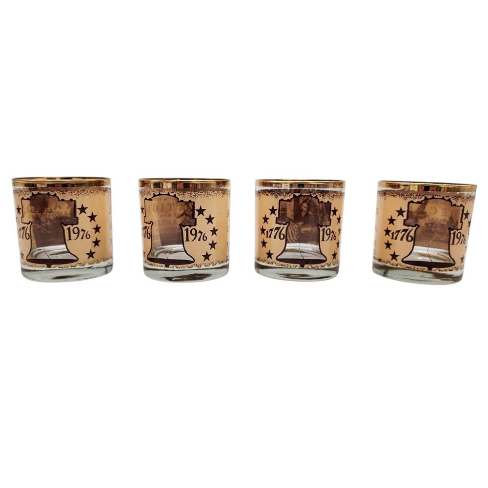 Vintage 1976 Bicentennial Rocks Glasses Set of 4 Declaration Liberty Bell Gold
